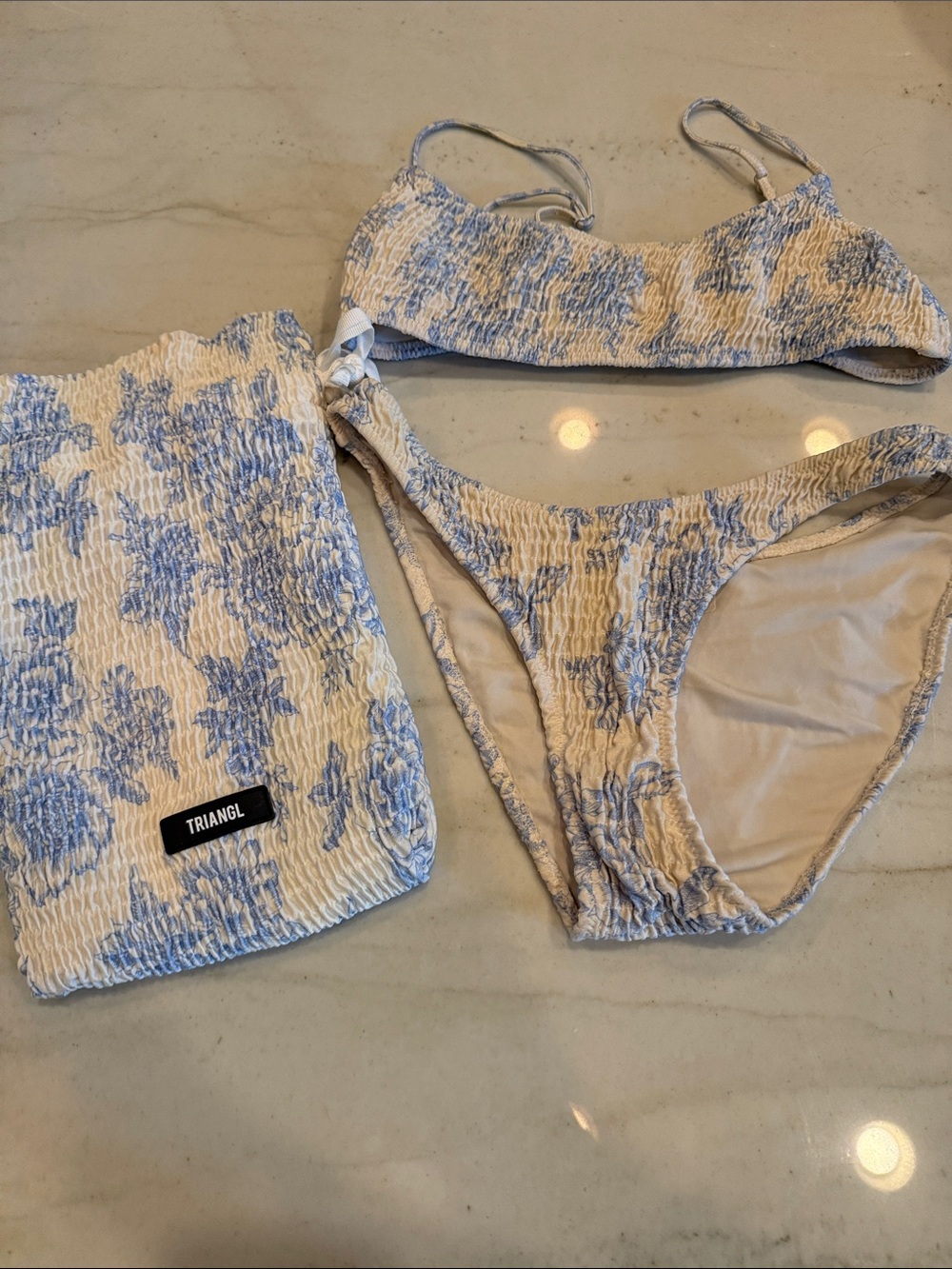 triangl swimwear Cream and Light Blue Smocked Bikini Set with Pouch